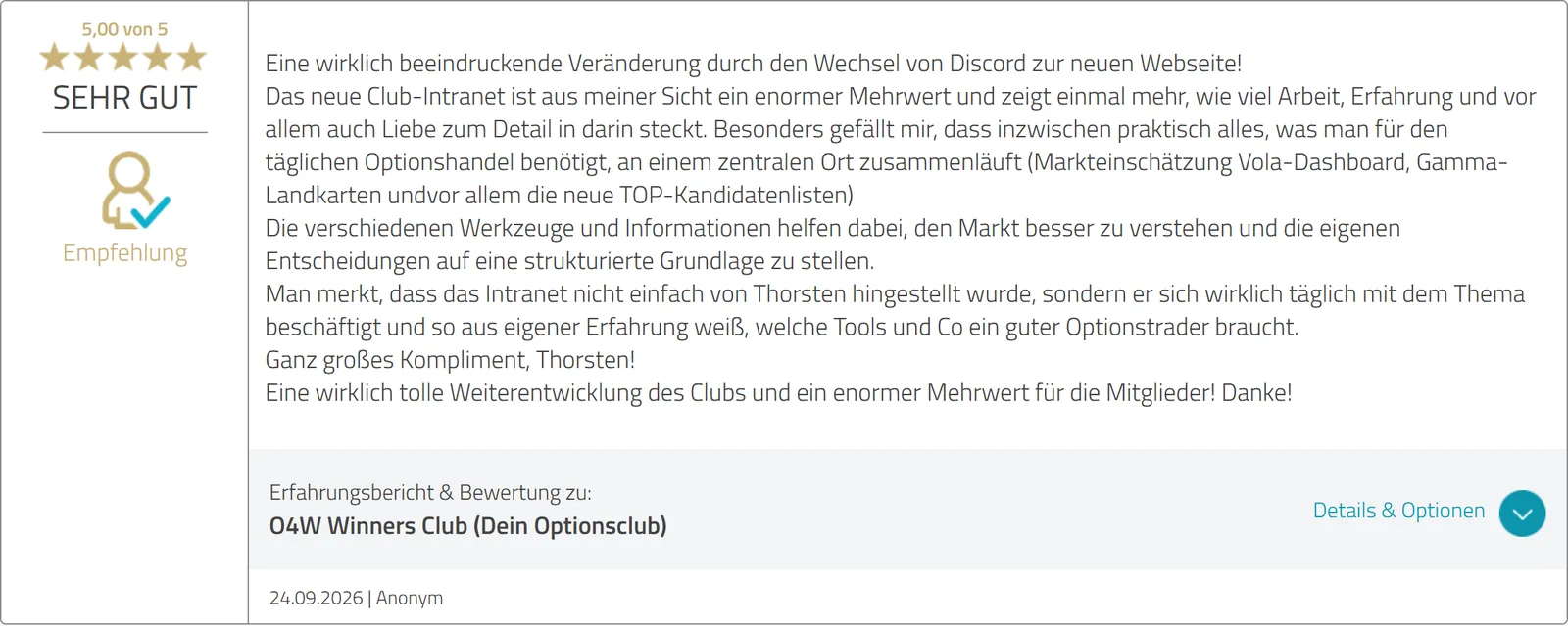 ProvenExpert-Bewertung vom 24.09.2026, fünf Sterne: Das neue Club-Intranet ist ein enormer Mehrwert – man merkt, dass Thorsten sich täglich mit dem Thema beschäftigt.