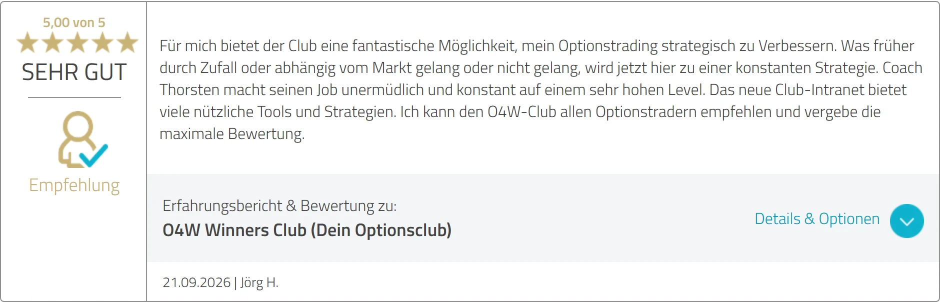 ProvenExpert-Bewertung von Jörg H. vom 21.09.2026, fünf Sterne: Was früher durch Zufall gelang, wird hier zu einer konstanten Strategie – Coach Thorsten macht seinen Job unermüdlich auf einem sehr hohen Level