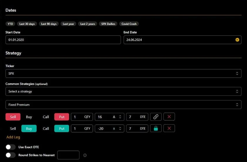 Eingabemaske eines neuen Backtests in OptionOmega: Zeitraum, Basiswert SPX und zwei Put-Beine mit Delta 16 und 7 Tagen Laufzeit